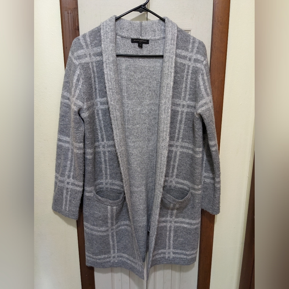 Banana Republic Gray Windowpane Plaid Open Front Longline Cardigan Size Small